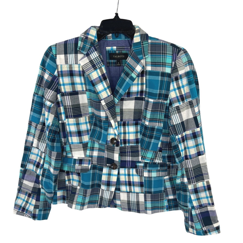 Talbots Madras Blue Plaid Patchwork Blazer Size 6 Cotton Two Button Jacket